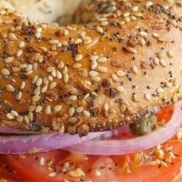 Bagel And Lox Sandwich · Choice of bagel, with cream cheese, sliced nova lox, tomato and onion
