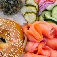 Bagel And Lox Platter · Sliced nova lox, cream cheese, tomato, onion, cucumber, capers, served with a bagel of your ...