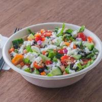 Mediterranean Salad · Romaine lettuce, cherry tomato, cucumber, red pepper, black olive, feta cheese, chickpeas, r...
