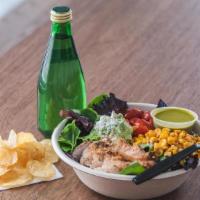Chicken Avocado Salad Combo · Mixed greens, grilled chicken, avocado, cherry tomatoes, red onion, roasted corn, cotija che...
