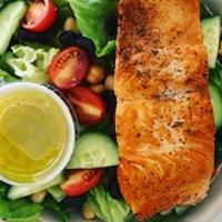 Pan Seared Salmon Salad Combo · Pan Seared Salmon, romaine lettuce, cherry tomato, cucumber, red pepper, black olive, chickp...