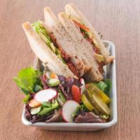 Turkey Club Sandwich · Choice of bread, topped with lettuce, tomato, bacon, avocado, with side salad & pickles