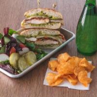 Chicken Pesto Panini Combo · Grilled chicken, roasted garlic tomatoes, balsamic caramelized onions, melted Swiss cheese, ...