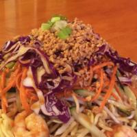Che'S Noodle Salad With Shrimp上海虾凉面 · Shang Hai style garden veggies, cold noodle and Tasty sesame peanut sauce.