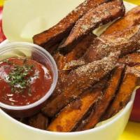 Sweet Potato Fries {Small} · Hand cut, brown sugar spice mix + habanero ketchup