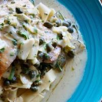 Chicken Picatta · (AVAILABLE AFTER 4 PM), roasted zucchini, artichokes, capers + lemon-butter sauce