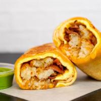 Double Bacon, Egg & Cheddar Breakfast Burrito · 3 fresh cracked, cage-free scrambled eggs, melted Cheddar cheese, double bacon, and crispy p...