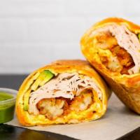 Smoked Turkey, Avocado, Egg, And Cheddar Breakfast Burrito  · 3 fresh cracked, cage-free scrambled eggs, melted Cheddar cheese, sliced smoked deli turkey,...