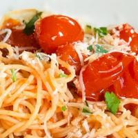Capellini · Cherry tomatoes + garlic + basil + EVOO.