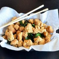 Basil Popcorn Chicken · Deep fried and seasoned with salt & pepper mixed with deep fried basil
