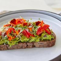 Avocado Toast (V) · sourdough, avocado, red onion, cherry tomatoes, pickled jalapeño, sprouts, & micro cilantro