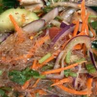 Glass Noodle Salad · glass noodle, 2 shrimps, chicken, tomato, carrot, red onion, cucumber and cilantro prepared ...