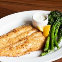 Trout Amandine · Panko crust, toasted almonds, tartar sauce, served with seasonal vegetable