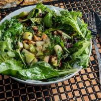 Chicken Apple Salad (Individual) · Chicken, mixed greens, blue cheese crumbles, candied walnuts, Granny Smith apples, honey dij...
