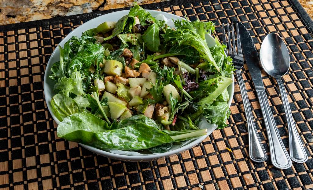 Chicken Apple Salad (Individual) · Chicken, mixed greens, blue cheese crumbles, candied walnuts, Granny Smith apples, honey dijon dressing.
