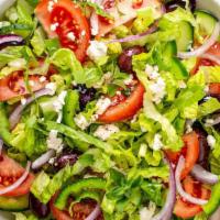 Greek Salad · Mixed greens, tomato, cucumber, olives, feta cheese, onion, house vinaigrette.