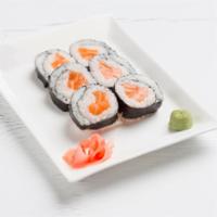 Salmon Roll (6) · Salmon wrap in sushi rice and nori.