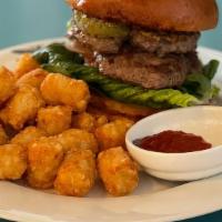 Half Pound Patty Cheeseburger & Tater Tots  · Two 4 ounce angus chuck beef patties with melted sharp cheddar cheese, lettuce, tomato, onio...