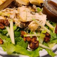 Walnut & Apple Salad · Grilled sliced Chicken breast (4oz)., Walnuts, green Apple slices, Cotija cheese, romaine le...