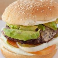 Avocado Cheeseburger · 1/4 beef patty, sesame bun, avocado, cheddar cheese, lettuce, tomato, onion, pickles, house ...