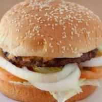 Hamburger (1/4 Lb.) · 1/4 beef patty, sesame bun, lettuce, tomato, onion, pickles, house dressing
