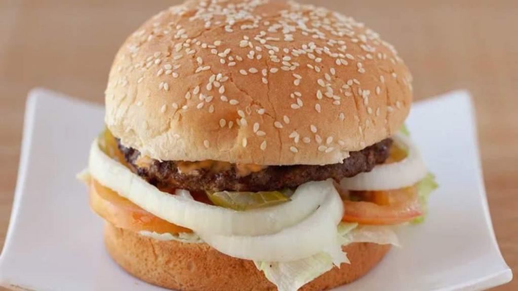Hamburger (1/4 Lb.) · 1/4 beef patty, sesame bun, lettuce, tomato, onion, pickles, house dressing