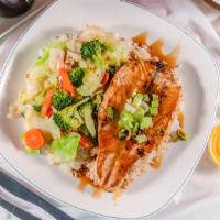 Salmon Plate · Grilled salmon steak, garden salad, white rice