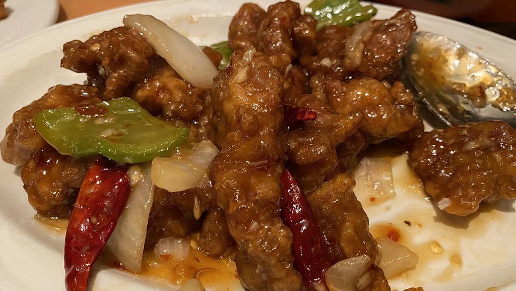 Dynamite Beef · Spicy. Crispy strips of marinated beef tossed with sugar ginger, garlic, and chili in our chef's special glaze.