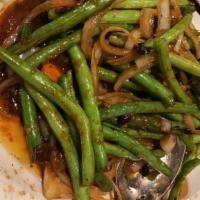 Green Beans With Black Bean Sauce · Spicy. Green beans, yellow onions, and carrots wok-tossed in a spicy black bean sauce.