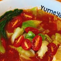 Tomato Ramen · Contains soy. Tomato broth, cabbage, bok choy, diced tomato, lemon noodle.