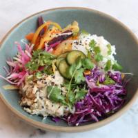 Miso Bowl · jasmine rice, pasture-raised chicken thigh, cabbage slaw, rainbow carrot ribbons, spicy cucu...