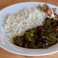 Sabzi (Spinach) Bowl · Sautéed spinach with mushrooms and special seasonings. Served with white rice and bread.