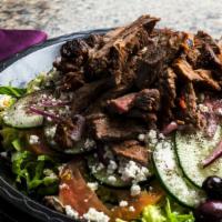 Shawarma Salad · Shawarma Beef or Chicken, Romain Lettuce, Tomato, Avocado, Onion, Cucumber Pickles, Pepperon...