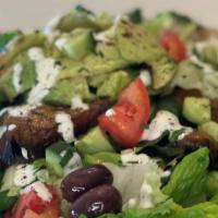 Mediterranean Salad · Romain Lettuce, Fried Eggplant, Cucumber, Tomato, Avocado, Spinach, Black Olives, Red Onion,...