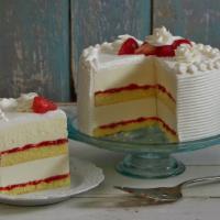 Strawberry Shortcake Ice Cream Cake · Yellow cake bottom, strawberry puree, vanilla, and birthday cake ice cream, vanilla ice crea...