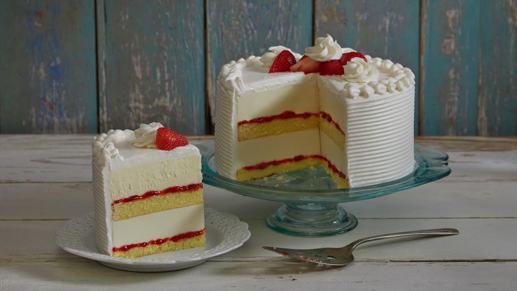Strawberry Shortcake Ice Cream Cake · Yellow cake bottom, strawberry puree, vanilla, and birthday cake ice cream, vanilla ice cream, and strawberries. SMALL SERVES 4-5. MEDIUM SERVES 9-10.