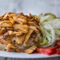 Chicken Shawerma Plate · Marinated and flame broiled chicken grilled to perfection. Served with customer's choice of ...