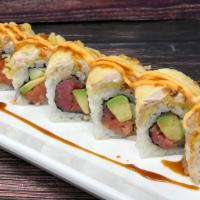 Ichiban Roll · Spicy tuna roll topped with yellowtail tempura