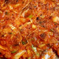 Kimchi Pajun 김치파전 · Korean style seafood&kimchi pancake w/ soy sauce vinaigrette