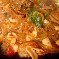 Spicy Seafood Stone Pot  해물돌솥밥 · Stir-fried mixed seafood with onion, scallion, mushroom, carrot, zucchini, clear noodle and ...