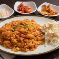 Spam Kimchi Fried Rice · Wok-fried rice with spam, kimchi, onion, zucchini, carrots