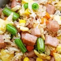 Spam Veggie Fried Rice · Wok-fried rice with spam, onion, mushroom, zucchini, carrots
