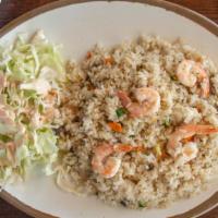 Shrimp Fried Rice · Wok-fried rice with shrimp, onion, mushroom, zucchini, carrots, mushroom
