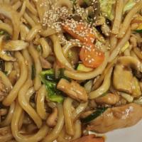 Chicken Yaki Udon 닭볶음우동 · Stir-fried Udon noodle with chicken, onion, scallion, zucchini, mushroom and carrot