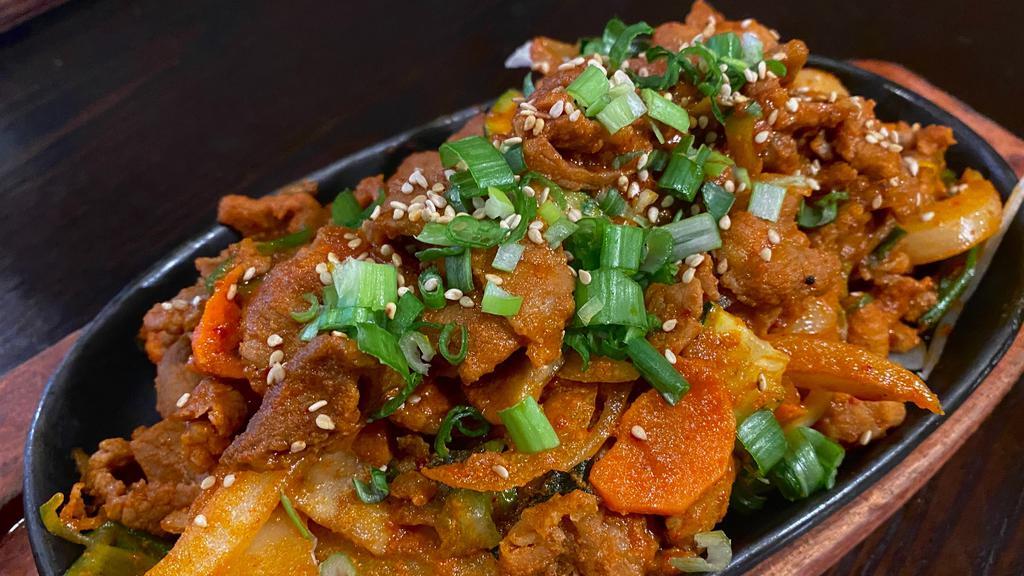 Spicy Pork Bulgogi Bbq 돼지불고기 · Stir-fried spicy sauce marinated thin sliced pork(16oz) with onion, scallion, zucchini, mushroom, and carrot  comes with white rice
