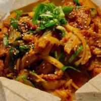 Tofu Kimchi & Pork 두부김치 · Wok-fried sliced pork belly, kimchi, onion, scallion, and jalapeno serve with side boiled to...