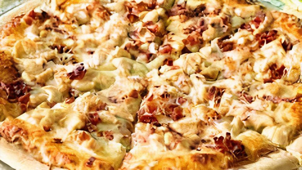 Chicken Bacon Pizza · White cream sauce, mozzarella, chicken, bacon, and ranch. That's a f*cking good pizza.