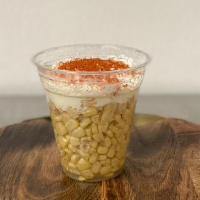 Corn In A Cup · (Sweet Corn topped with mayo, cotija cheese & chili powder).