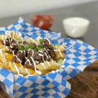 Loaded Fries · (Fries with mozzarella, nacho cheese, choice of meat, green onion & sour cream).