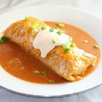 Wet Burrito · (Flour tortilla, rice, beans, choice of meat, salsa, cheese then topped with red sauce, melt...